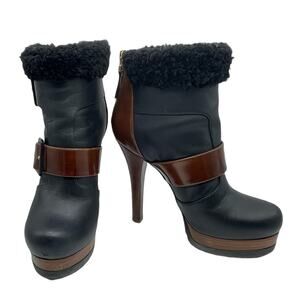 Fendi Moorland Two Tone Black Brown Leather Shearling Boots Bootie Size 36.5 6.5